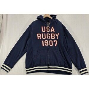 Vintage 90s Rugby USA Track Jacket Hoodie Letterman Varsity Patches Blue Men 3XL